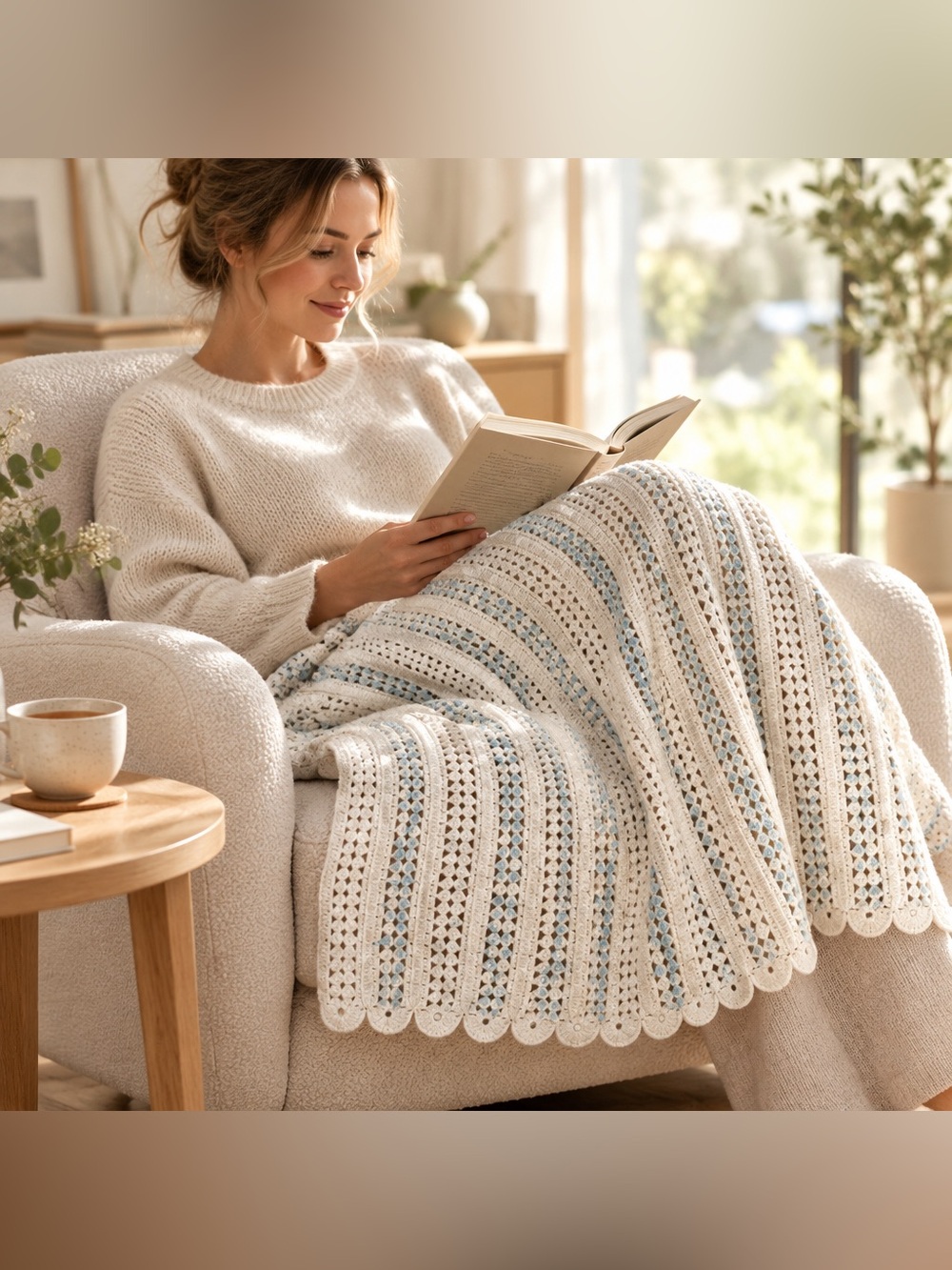 Vintage Handmade Crocheted Cream & Blue Blanket